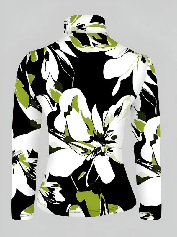 Risa - sexy t-shirt met hoge hals, coltrui en lange mouwen met bloemenprint