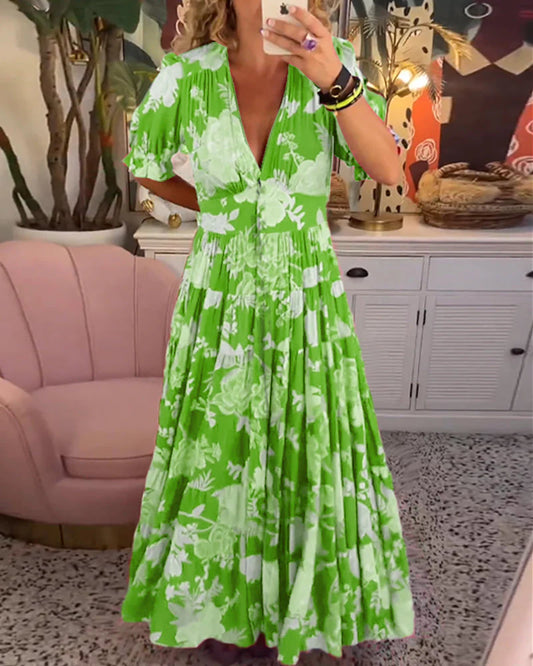 Zomerse maxi-jurk diepe v-hals, geplooide zoom