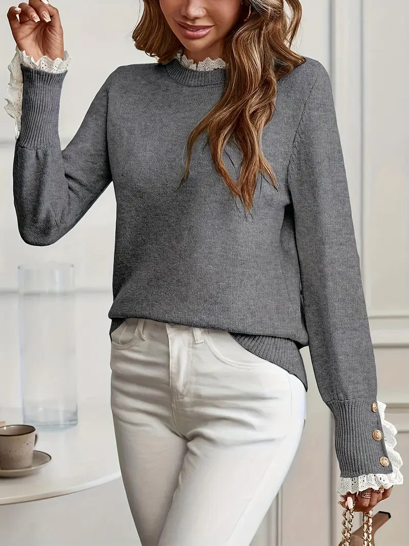 Vandy - trui met ronde hals en ruches van kant