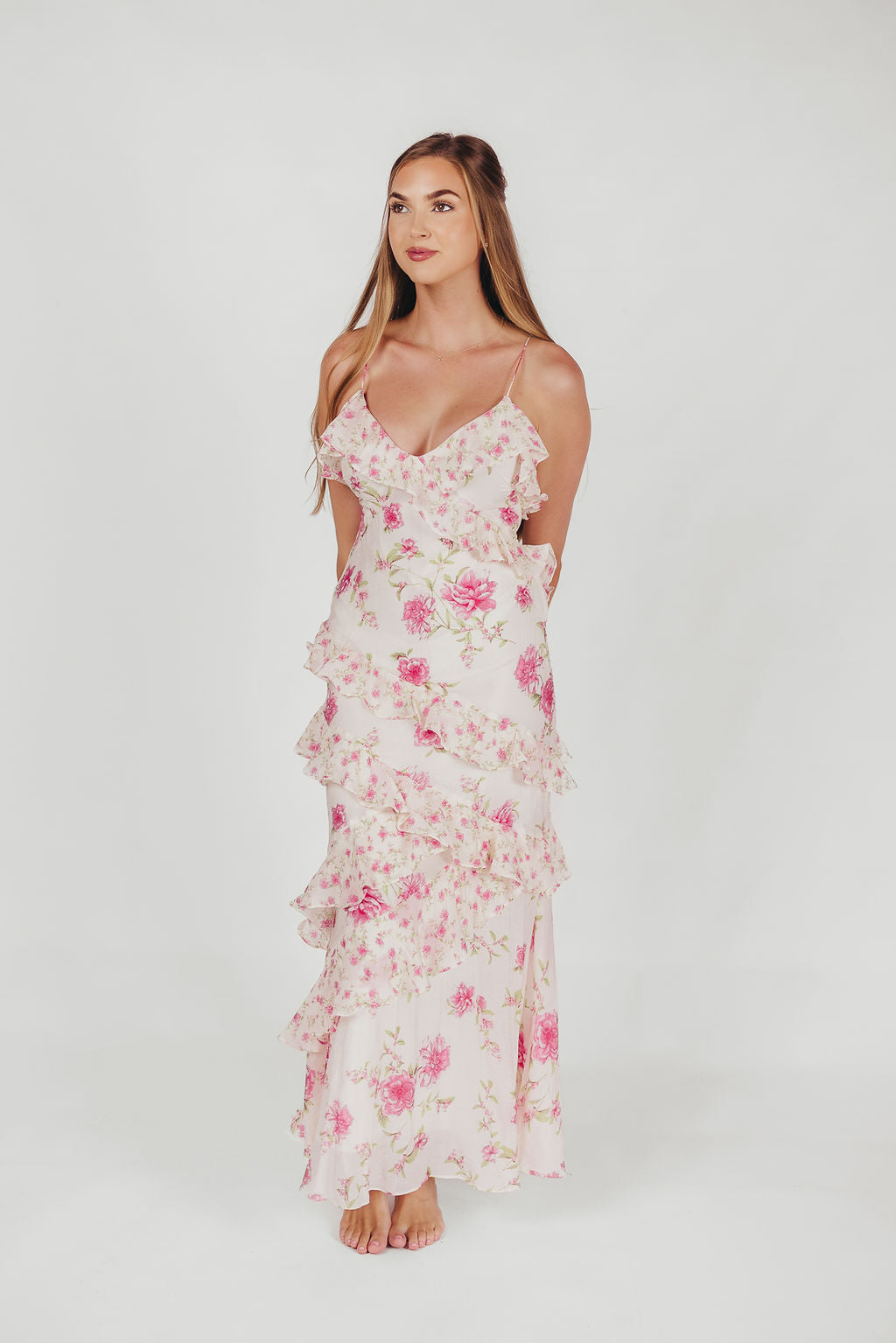 Amelia ivoor/roze maxi-jurk met bloemen en ruches