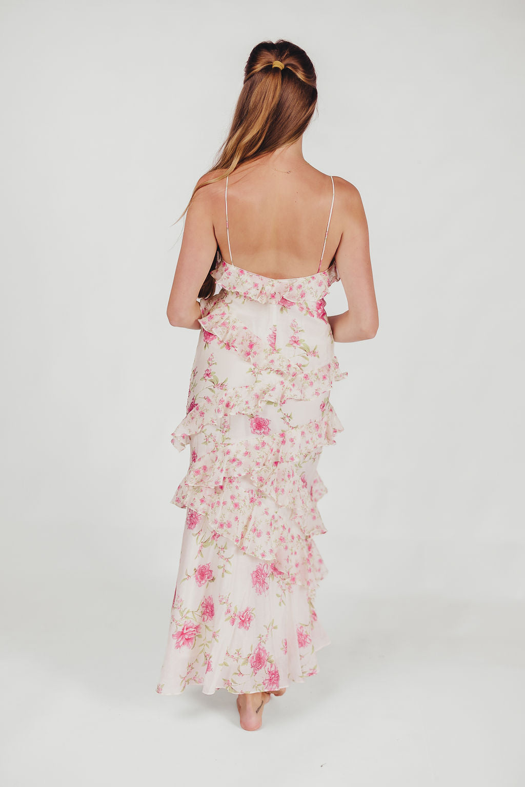 Amelia ivoor/roze maxi-jurk met bloemen en ruches