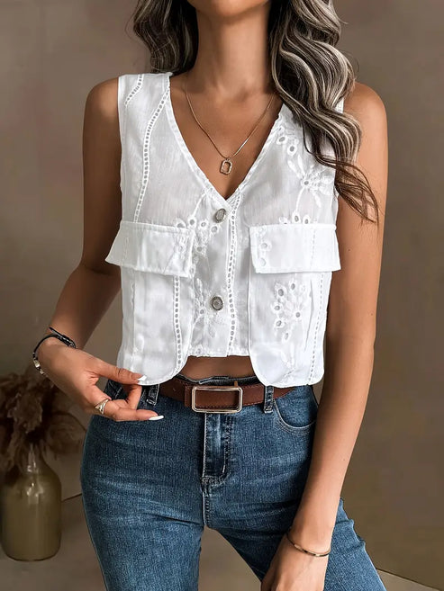 Brina | chique zomervest met gebloemde oogjes en V-hals zonder mouwen