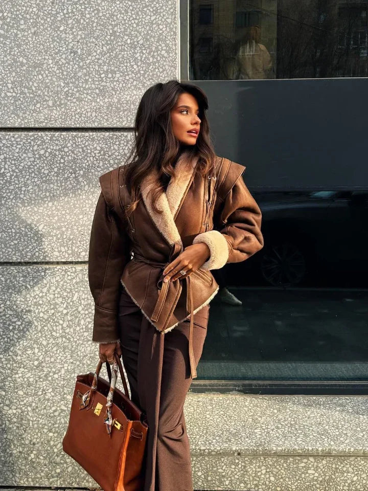 Sophiane | bruin leren jack met bont en riem