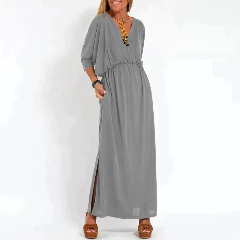 Elegante boho maxi-jurk met tailleband wijde mouwen, getailleerd model