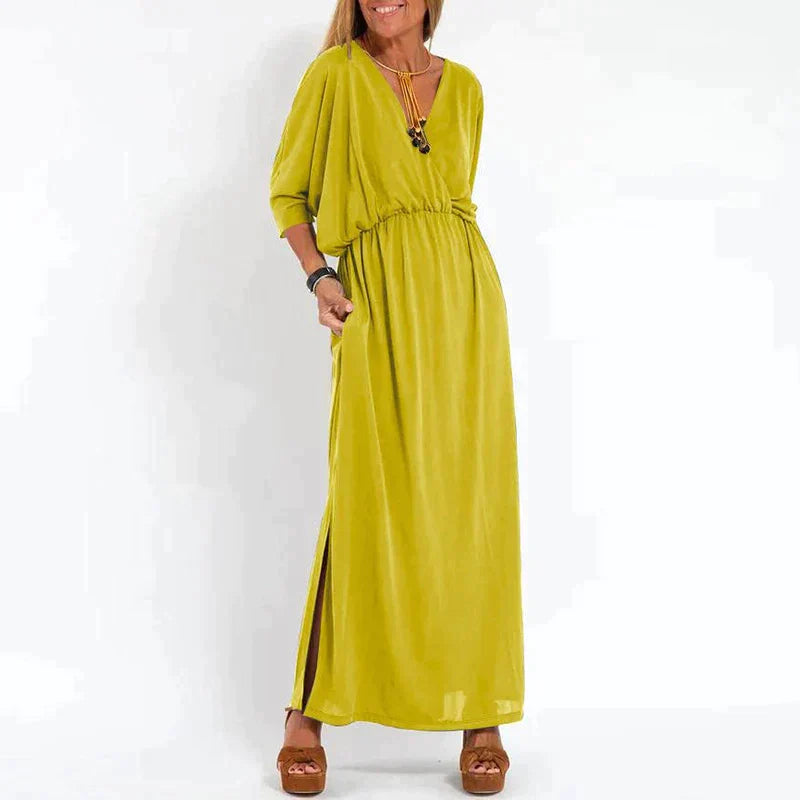 Elegante boho maxi-jurk met tailleband wijde mouwen, getailleerd model