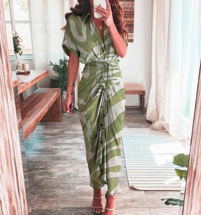 Ava – maxi-jurk met print, korte mouwen en strikknoop in de taille