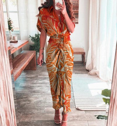 Ava – maxi-jurk met print, korte mouwen en strikknoop in de taille