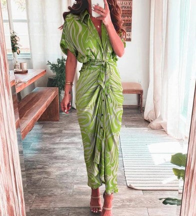 Ava – maxi-jurk met print, korte mouwen en strikknoop in de taille