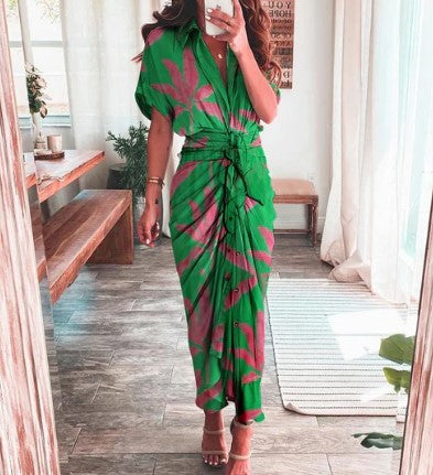 Ava – maxi-jurk met print, korte mouwen en strikknoop in de taille