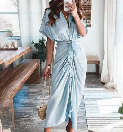 Ava – maxi-jurk met print, korte mouwen en strikknoop in de taille