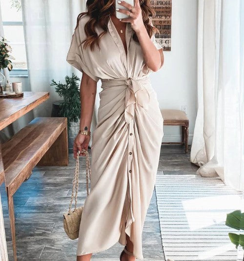 Ava – maxi-jurk met print, korte mouwen en strikknoop in de taille