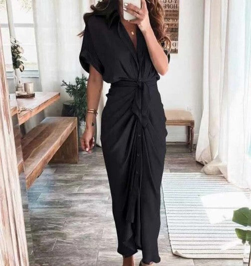 Ava – maxi-jurk met print, korte mouwen en strikknoop in de taille