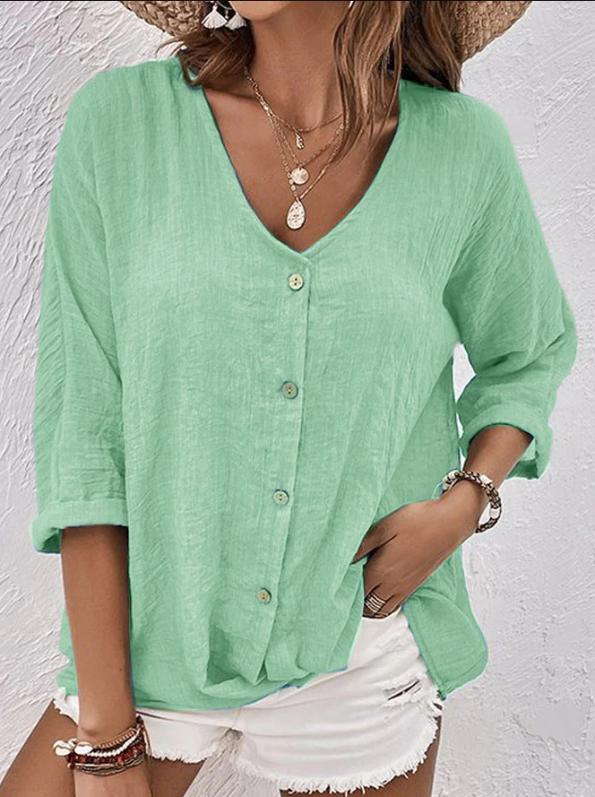 Clara - blauw linnen shirt met v-hals