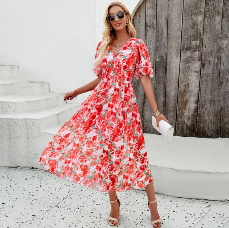 Alette | midi-jurk met pofmouwen en bloemenprint