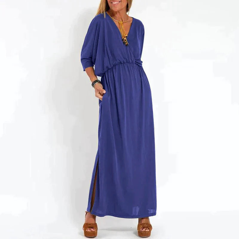 Elegante boho maxi-jurk met tailleband wijde mouwen, getailleerd model