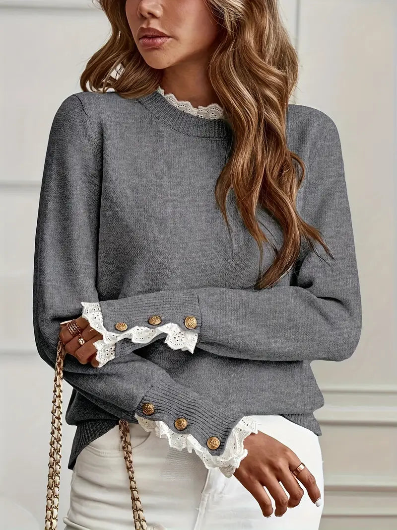 Vandy - trui met ronde hals en ruches van kant