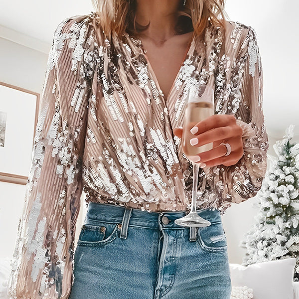 Olivia - feestelijke geplooide blouse met pailletten en V-hals