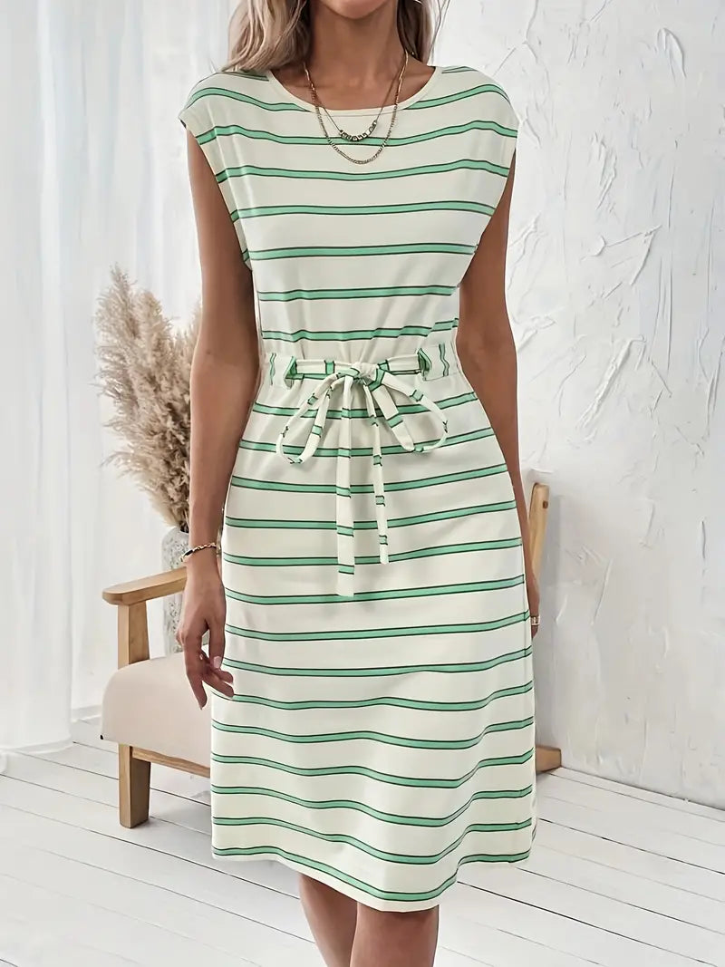 Ava - gestreepte jurk met ronde hals en print