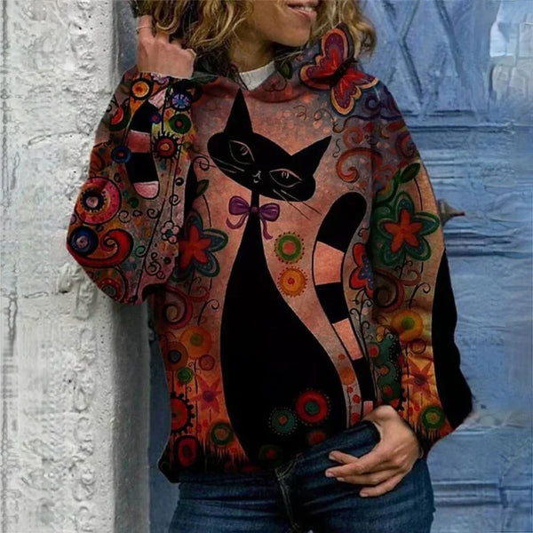 Astrid - elegante dameshoodie met kattenprint