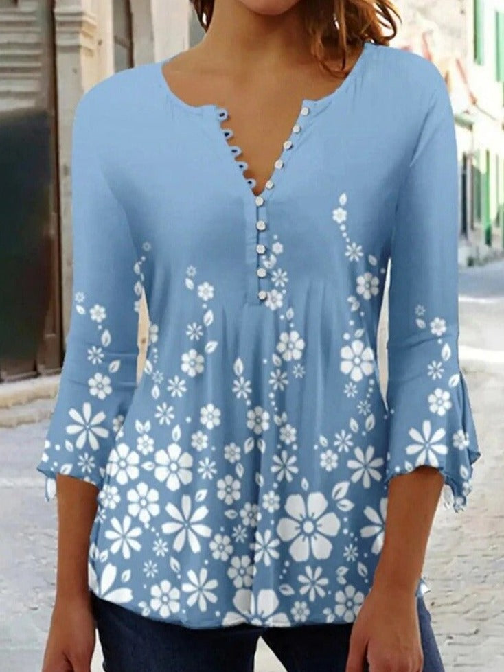 Mabel - dames-t-shirt met v-hals en knoopsluitin