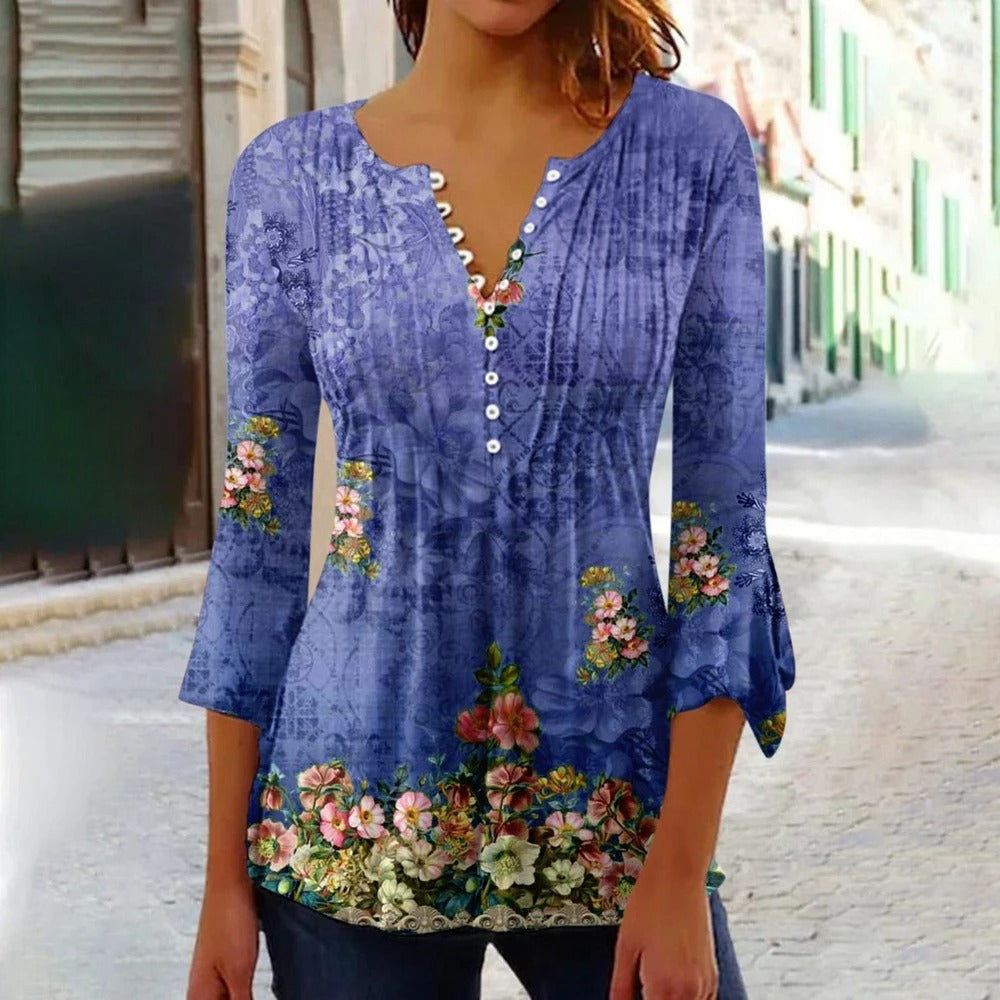 Mabel - dames-t-shirt met v-hals en knoopsluitin