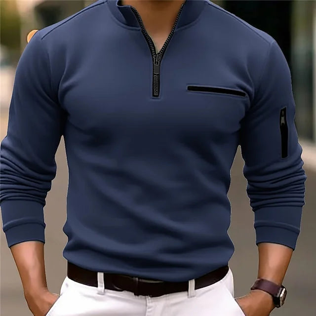 Ben - sportpoloshirt met opstaande kraag en ritssluiting, lange mouwen, effen kleur