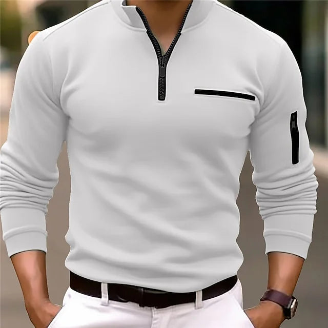 Ben - sportpoloshirt met opstaande kraag en ritssluiting, lange mouwen, effen kleur