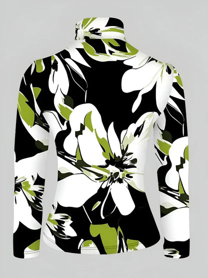 Risa - sexy t-shirt met hoge hals, coltrui en lange mouwen met bloemenprint