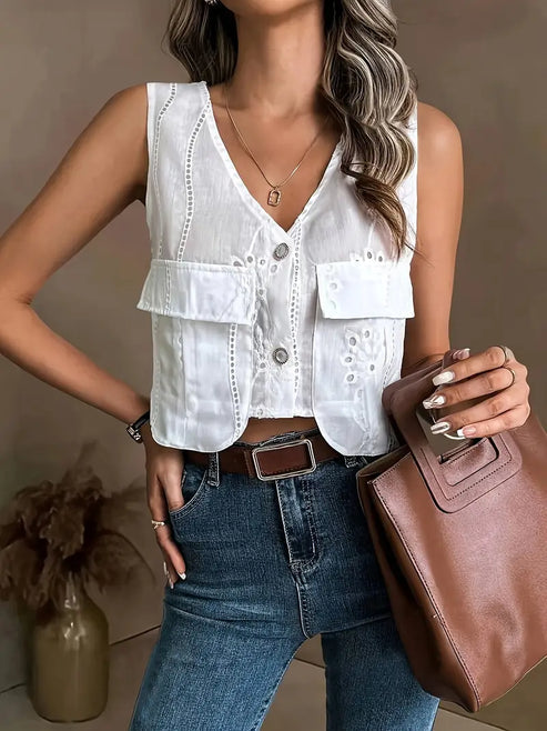 Brina | chique zomervest met gebloemde oogjes en V-hals zonder mouwen