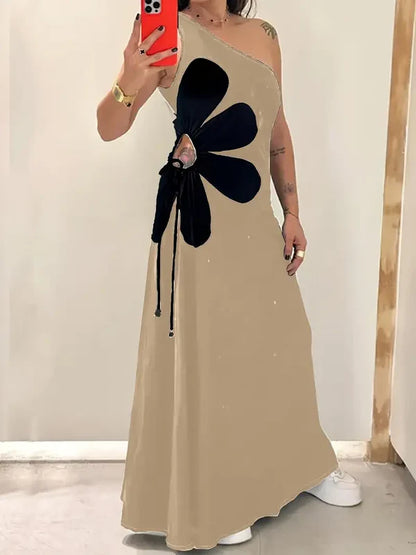 Maggie - modieuze rode damesjurk met één schouder en roze bloemenprint, mouwloos