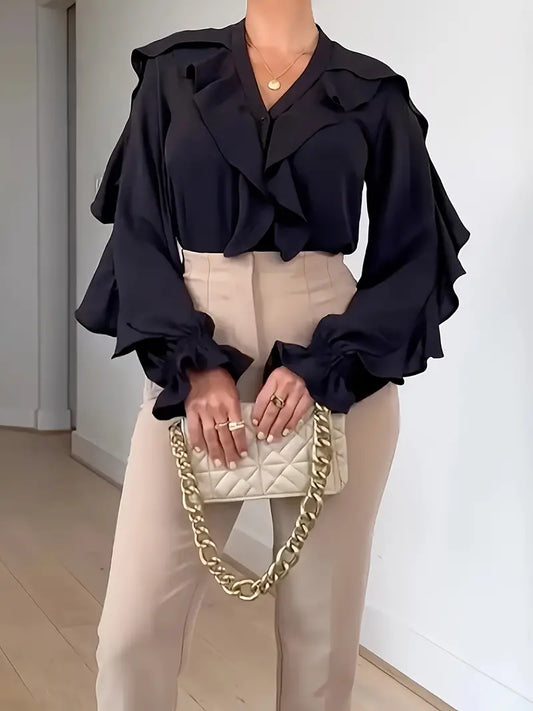 Elegante blouse met ruches aan de kraag en mouwen voor dames