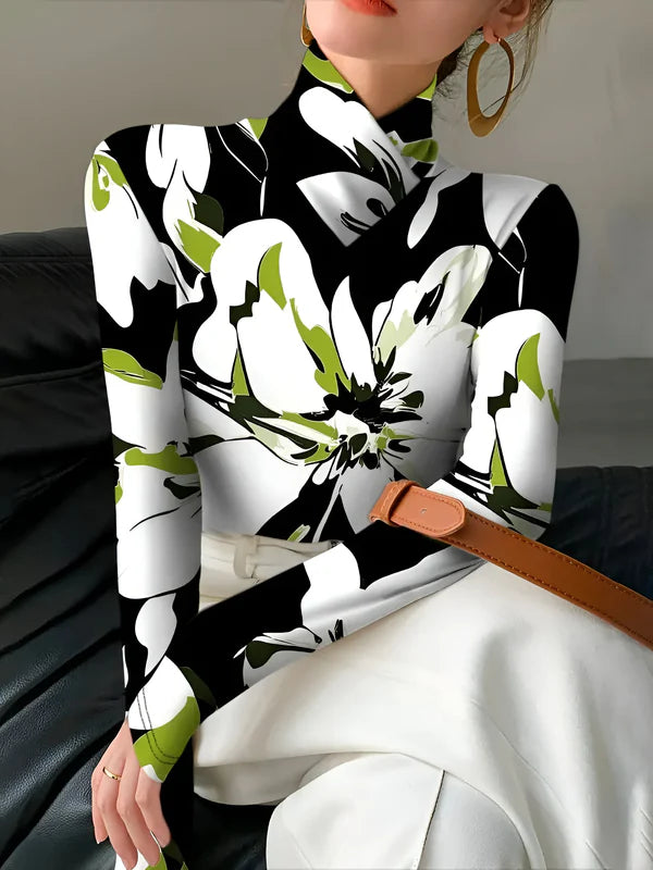 Risa - sexy t-shirt met hoge hals, coltrui en lange mouwen met bloemenprint