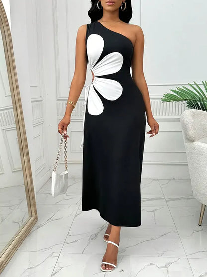 Maggie - modieuze rode damesjurk met één schouder en roze bloemenprint, mouwloos