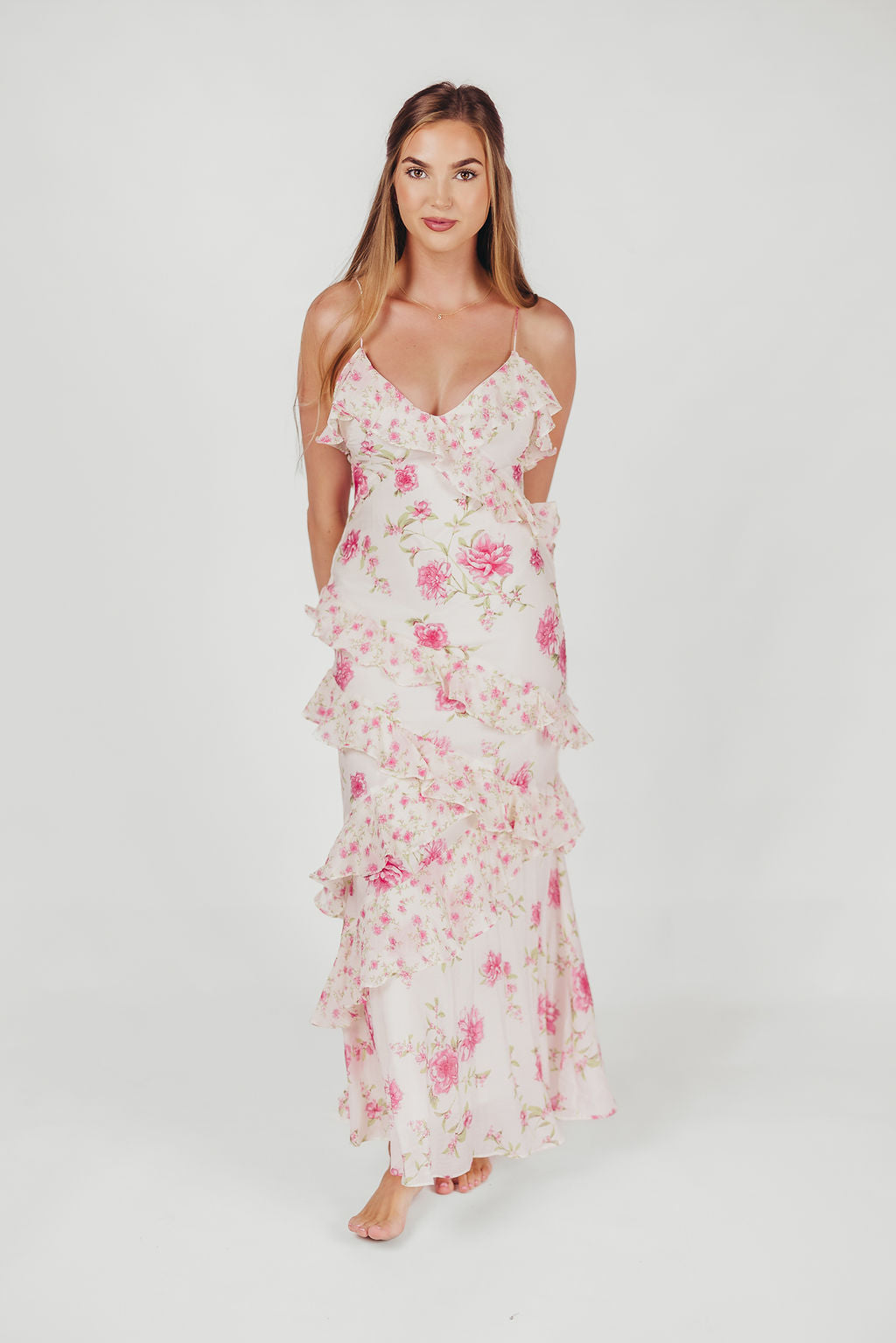 Amelia ivoor/roze maxi-jurk met bloemen en ruches