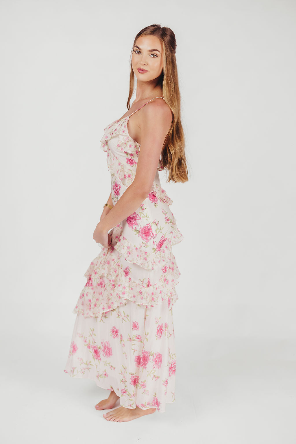 Amelia ivoor/roze maxi-jurk met bloemen en ruches