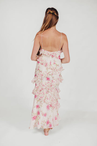 Amelia ivoor/roze maxi-jurk met bloemen en ruches