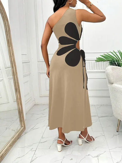 Maggie - modieuze rode damesjurk met één schouder en roze bloemenprint, mouwloos