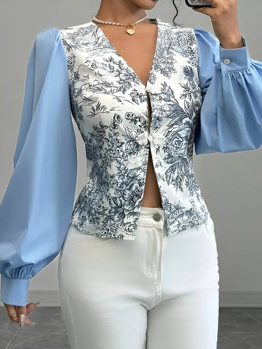 Rosalin | blouse met v-hals en lantaarnmouwen in een bloemenprint