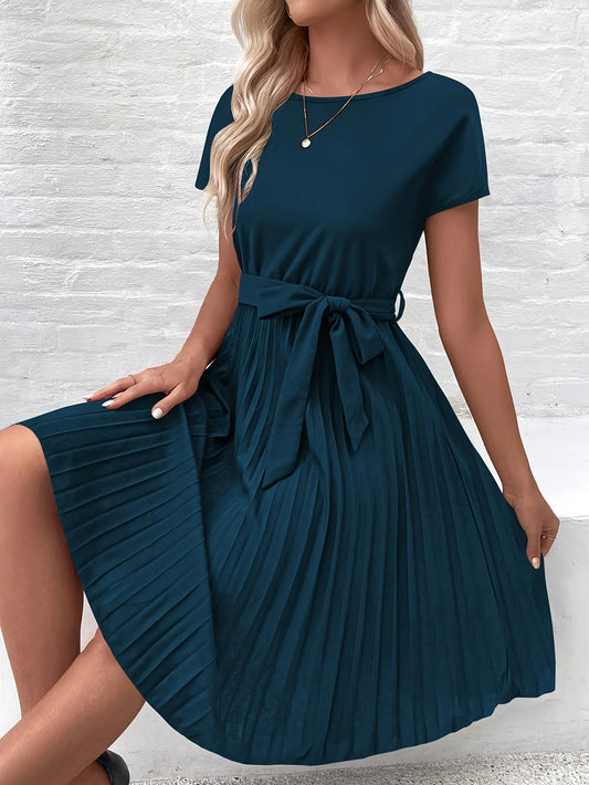 Donkerroze plooijurk met ceintuur - Marie