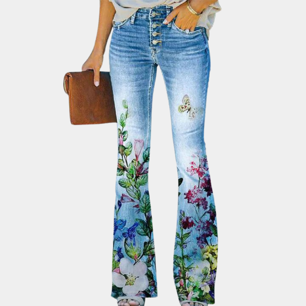 Rosmunda - Trendy flared damesjeans met modieuze knopen