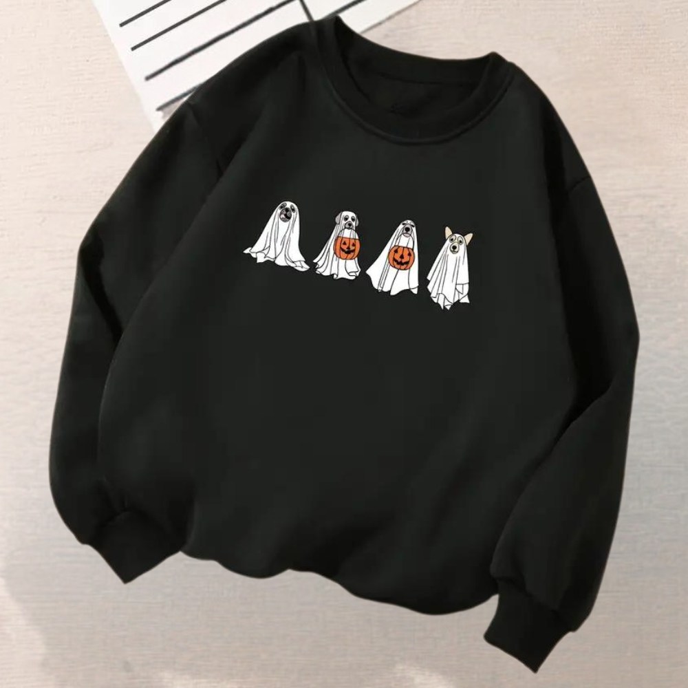 Kinga - vrouwelijk halloween-sweatshirt met enge hondenprint