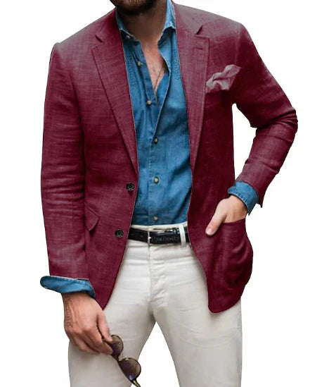 Jon - linnen herenblazer strandbruiloft casual getailleerde pasvorm effen kleur enkele rij knopen met twee knopen