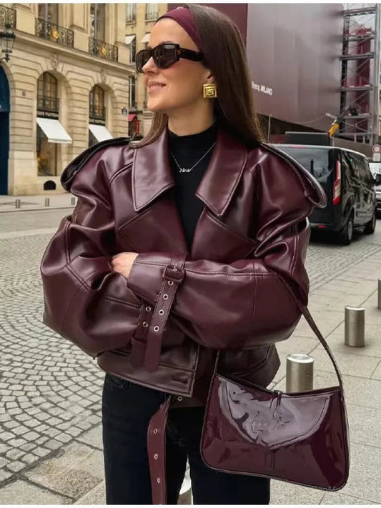 Redou | wijnrood oversized leren jack – stijlvol en stoer