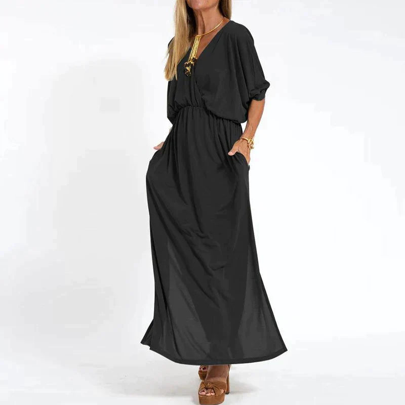 Elegante boho maxi-jurk met tailleband wijde mouwen, getailleerd model