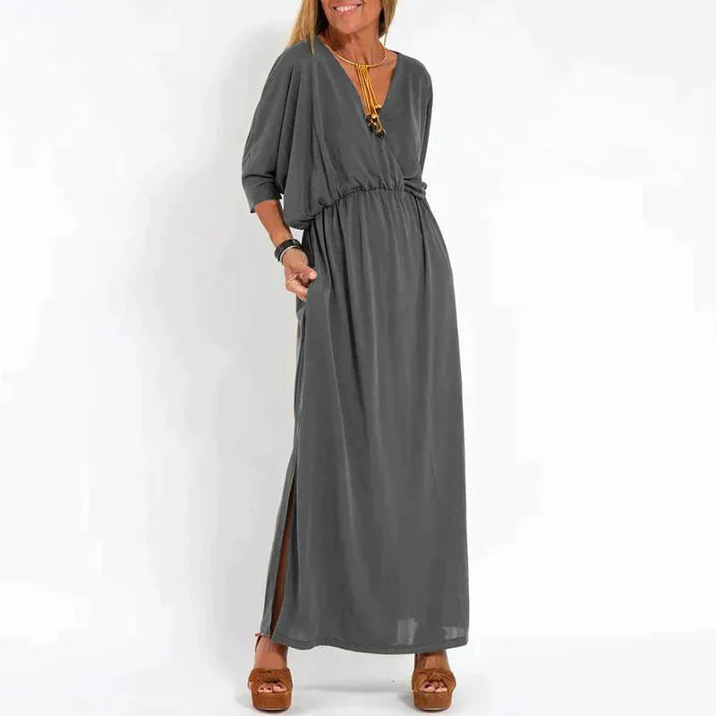 Elegante boho maxi-jurk met tailleband wijde mouwen, getailleerd model