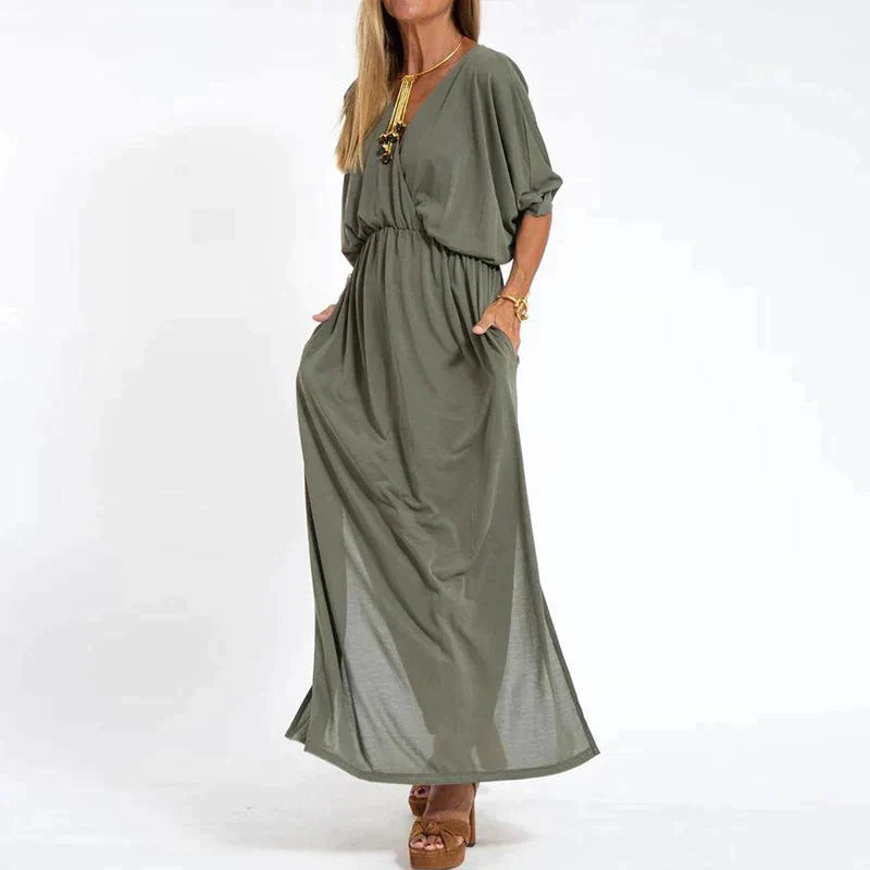 Elegante boho maxi-jurk met tailleband wijde mouwen, getailleerd model