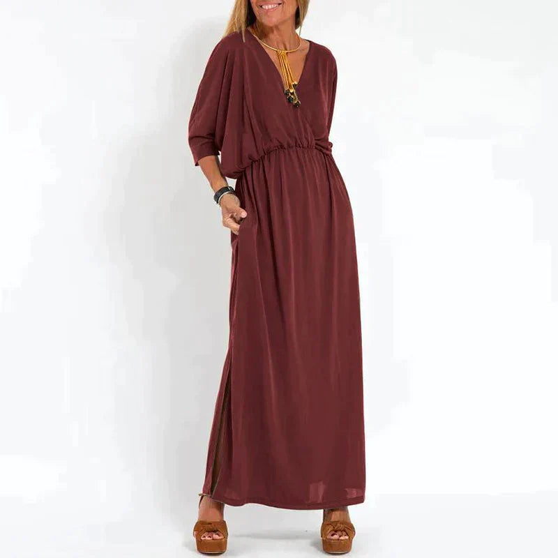 Elegante boho maxi-jurk met tailleband wijde mouwen, getailleerd model