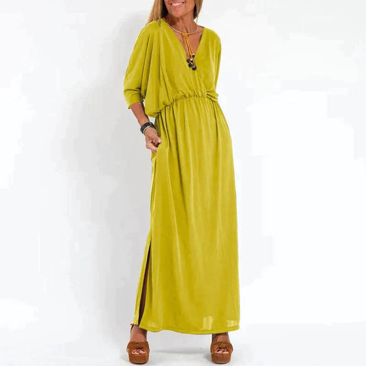 Elegante boho maxi-jurk met tailleband wijde mouwen, getailleerd model