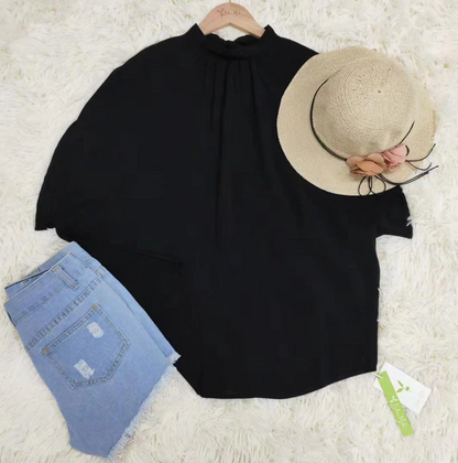 SpringStyle - zwarte effen kleur top met korte mouwen