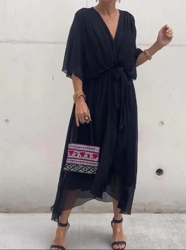 Fiona - groene v-hals chiffon midi-jurk